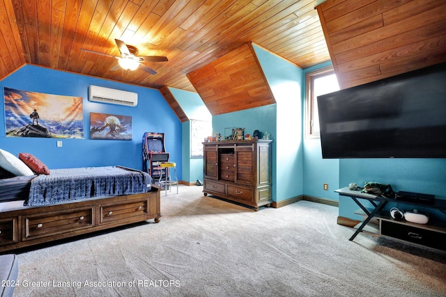 bedroom with a wall unit AC, lofted ceiling, light carpet, ceiling fan, and wooden ceiling