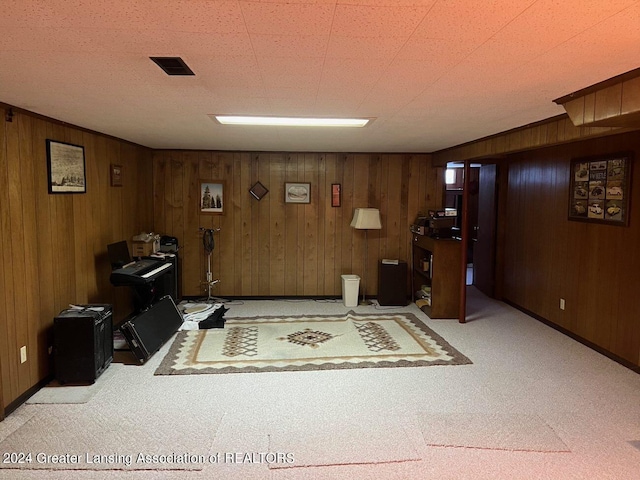 basement with light colored carpet and wood walls