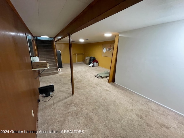 basement with light colored carpet