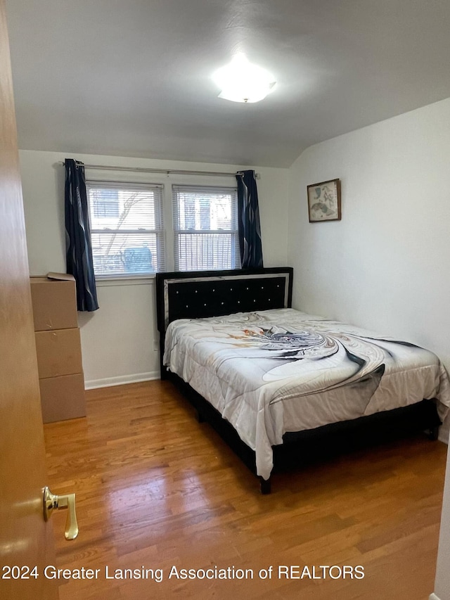 bedroom with lofted ceiling and wood-type flooring