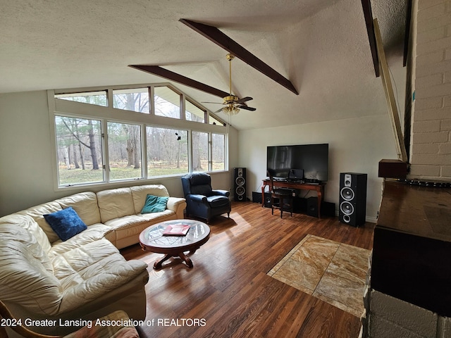 living room featuring a textured ceiling, dark wood-type flooring, and a healthy amount of sunlight