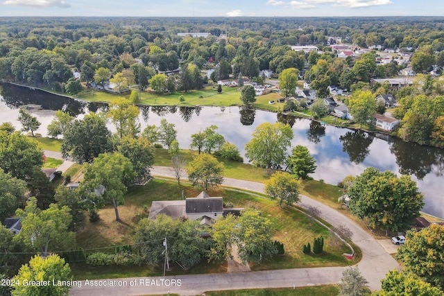 bird's eye view with a water view