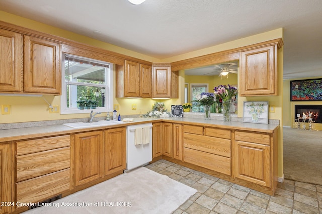 kitchen with light carpet, dishwasher, sink, and a healthy amount of sunlight