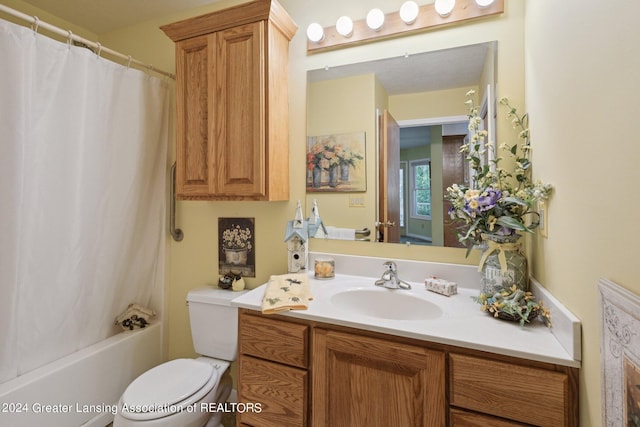 full bathroom featuring vanity, toilet, and shower / bathtub combination with curtain