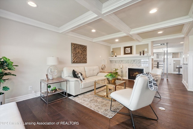 living room with a premium fireplace, beamed ceiling, and dark wood-type flooring