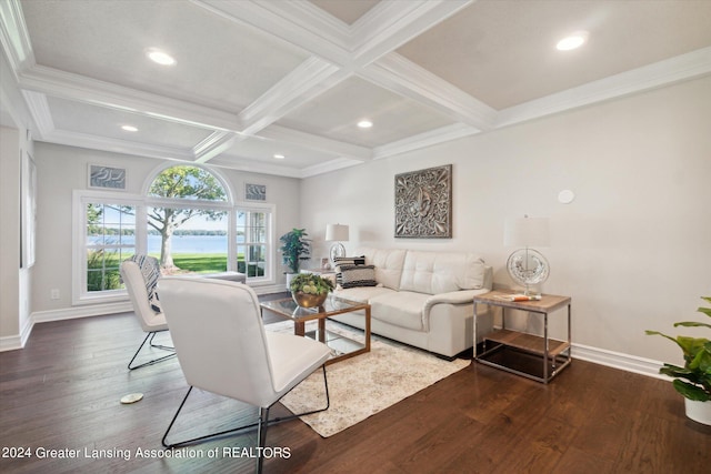 living room featuring ornamental molding, beamed ceiling, coffered ceiling, and dark hardwood / wood-style flooring