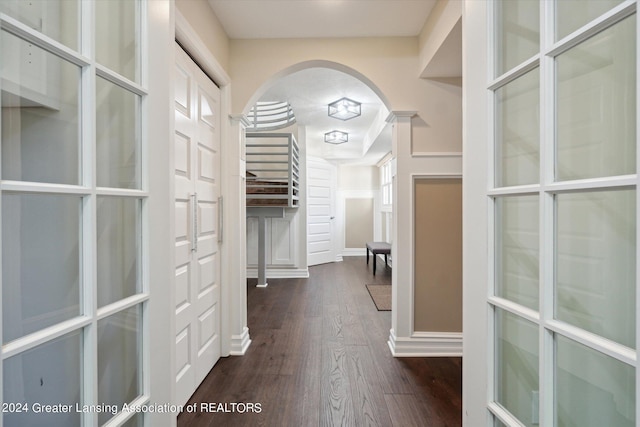 walk in closet with dark hardwood / wood-style floors and ornate columns