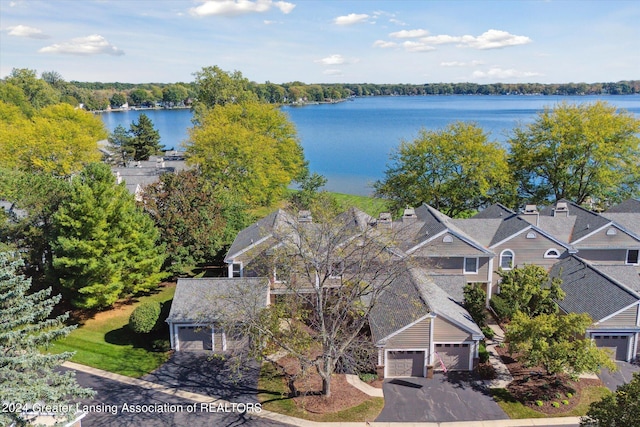 aerial view featuring a water view