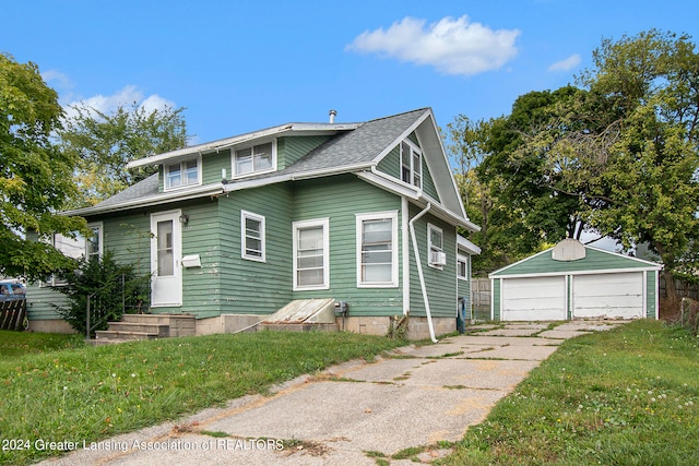 view of front of house with cooling unit, an outdoor structure, a garage, and a front lawn