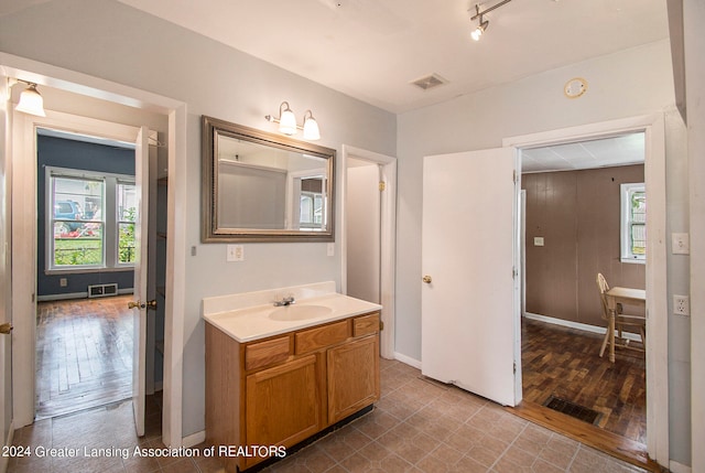 bathroom with wood-type flooring and vanity