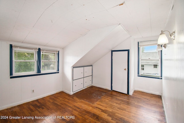 bonus room with vaulted ceiling, plenty of natural light, and dark wood-type flooring