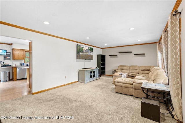 living room featuring ornamental molding and light carpet