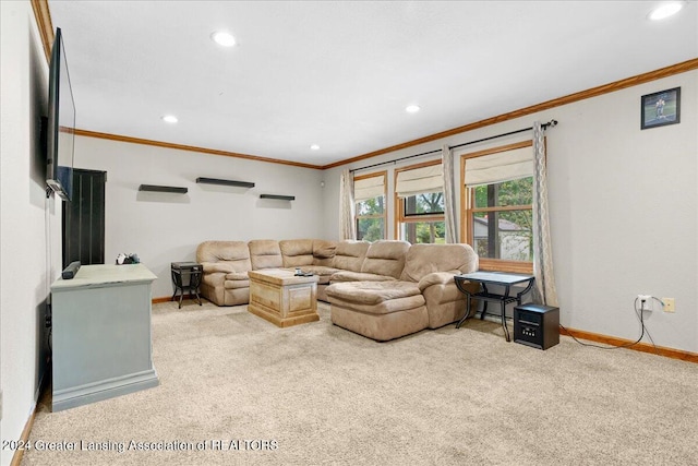 carpeted living room featuring crown molding