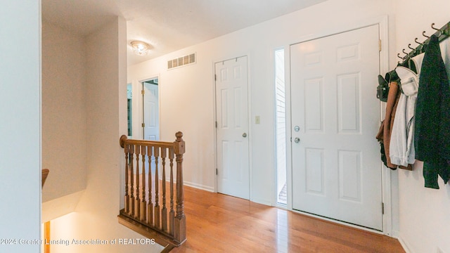 foyer entrance with light hardwood / wood-style floors