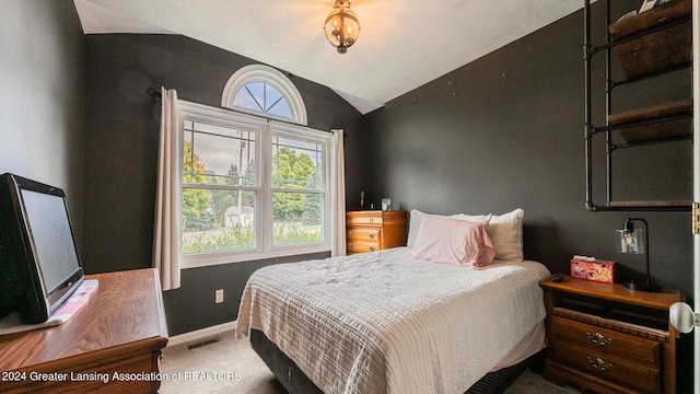 carpeted bedroom featuring lofted ceiling