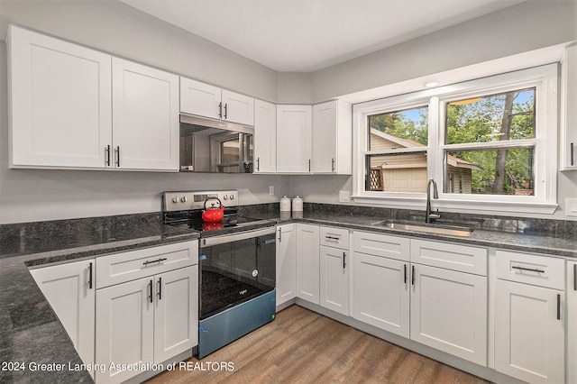 kitchen featuring dark stone counters, hardwood / wood-style flooring, sink, white cabinets, and stainless steel appliances