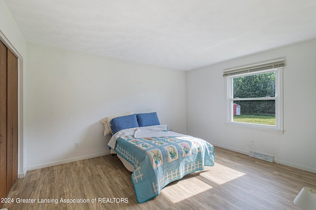 bedroom with wood-type flooring and a closet