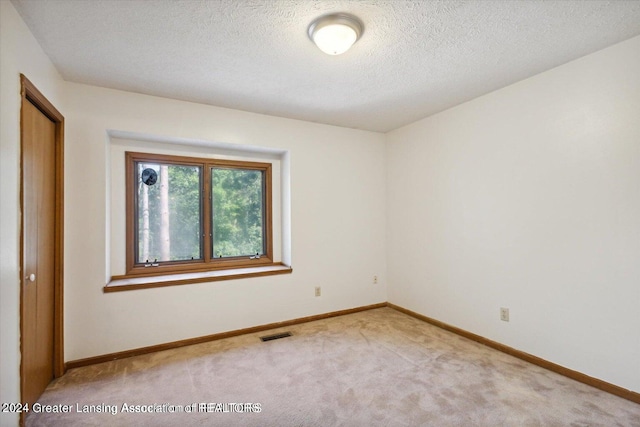 empty room featuring a textured ceiling and light colored carpet