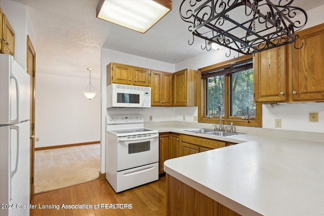 kitchen featuring sink, white appliances, a textured ceiling, decorative light fixtures, and light wood-type flooring