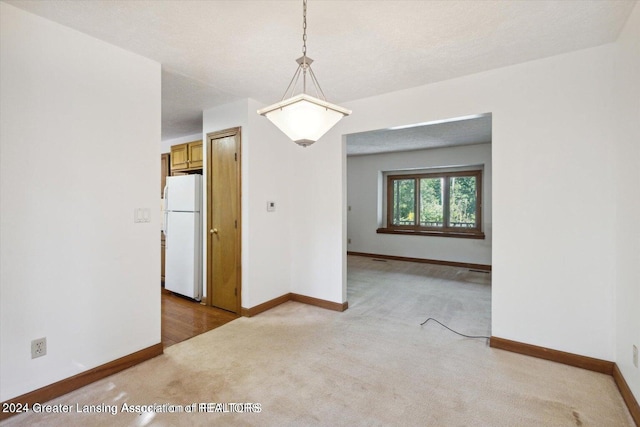 unfurnished room featuring light colored carpet and a textured ceiling