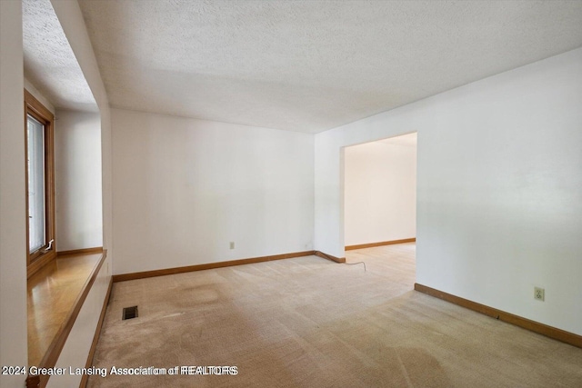 unfurnished room featuring light carpet, a textured ceiling, and plenty of natural light