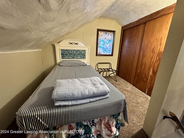 bedroom with carpet floors and lofted ceiling