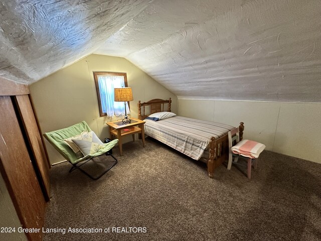 unfurnished bedroom featuring lofted ceiling and carpet