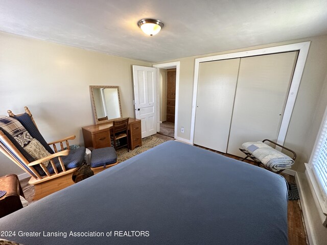 bedroom featuring wood-type flooring and a closet