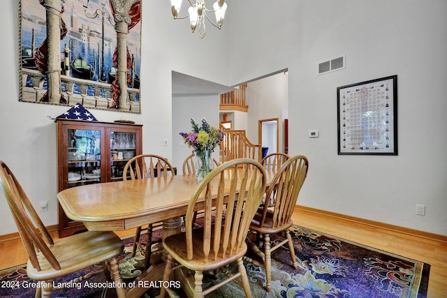 dining area featuring hardwood / wood-style flooring and an inviting chandelier