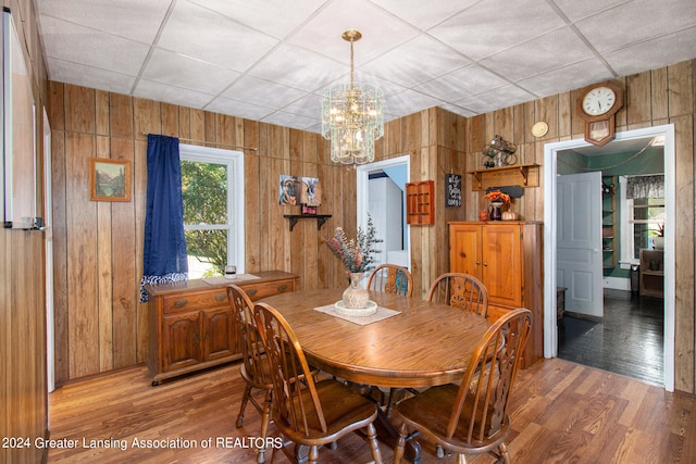 dining area with a drop ceiling, wooden walls, and hardwood / wood-style floors