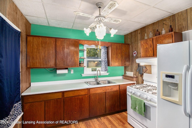 kitchen with light wood-type flooring, sink, wood walls, a paneled ceiling, and white appliances