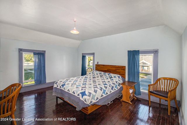 bedroom with multiple windows, lofted ceiling, and dark hardwood / wood-style floors