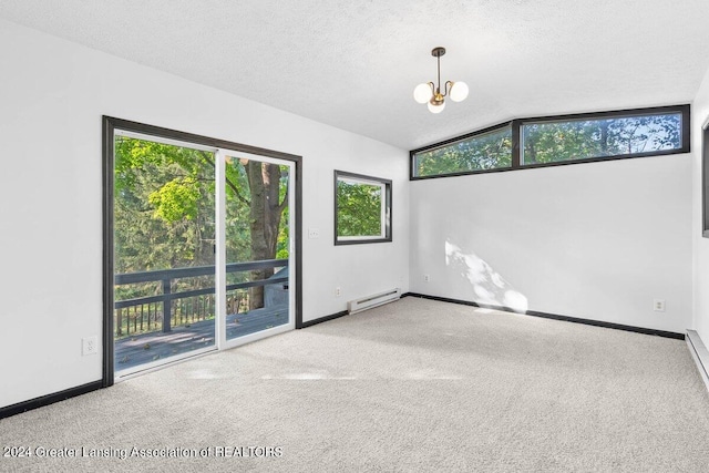 carpeted spare room with a textured ceiling, baseboard heating, vaulted ceiling, and a notable chandelier