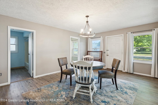 dining area featuring a textured ceiling, hardwood / wood-style flooring, and plenty of natural light