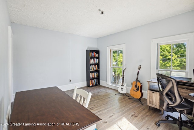 home office with a textured ceiling, plenty of natural light, and light hardwood / wood-style floors