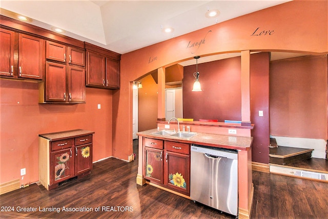 kitchen with stainless steel dishwasher, sink, pendant lighting, and dark hardwood / wood-style flooring