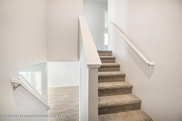 stairs with hardwood / wood-style flooring