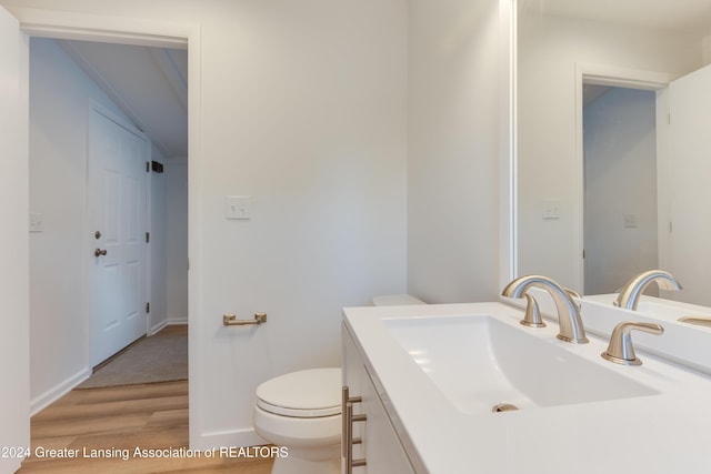 bathroom with hardwood / wood-style flooring, vanity, and toilet