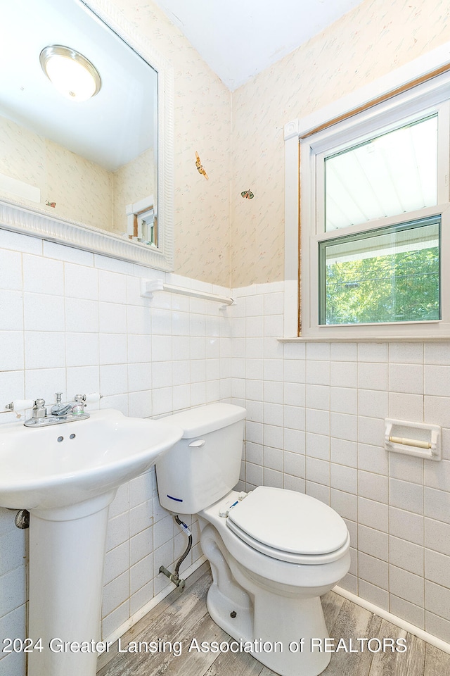 bathroom with wood-type flooring, sink, tile walls, and toilet