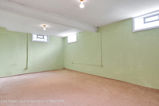 basement with plenty of natural light and light carpet