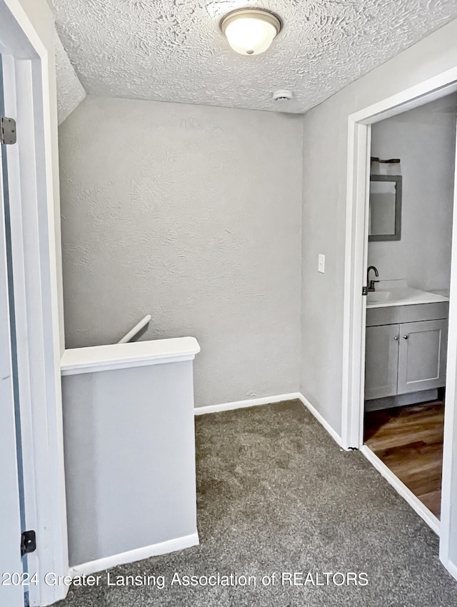 interior space with lofted ceiling, dark carpet, and a textured ceiling