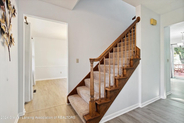 staircase featuring wood-type flooring