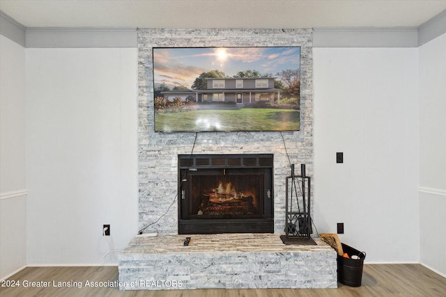 interior details featuring a fireplace, wood-type flooring, and ornamental molding