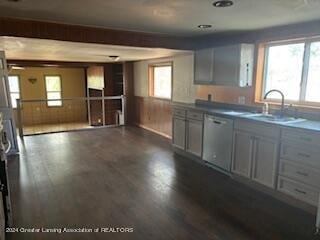 kitchen with dishwasher, dark hardwood / wood-style floors, and sink