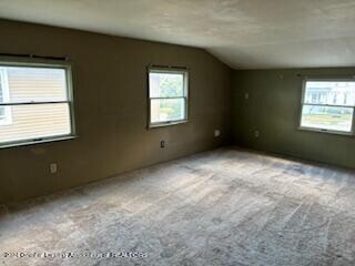 unfurnished room featuring light colored carpet and vaulted ceiling