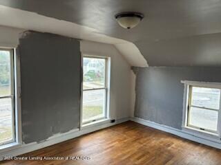 additional living space featuring a healthy amount of sunlight, vaulted ceiling, and hardwood / wood-style floors