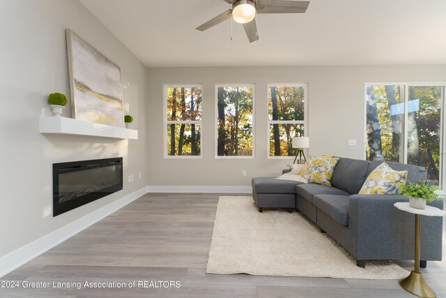 living area with wood finished floors, plenty of natural light, a glass covered fireplace, and baseboards