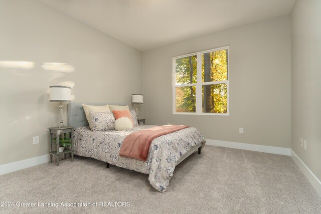 bedroom with carpet floors, lofted ceiling, and baseboards