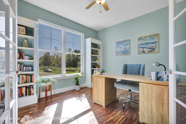 office featuring ceiling fan and dark hardwood / wood-style flooring