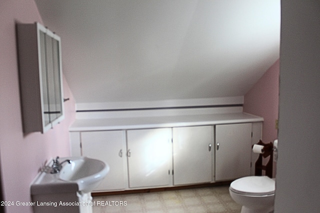 bathroom featuring vaulted ceiling, toilet, and vanity